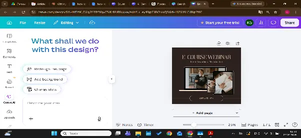 Canva AI panel offering to redesign a page, add a background, or change the style of a webinar design