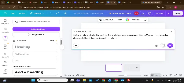 Magic Write prompt in Canva Presentations asking for slide bullet points about the weekend sale